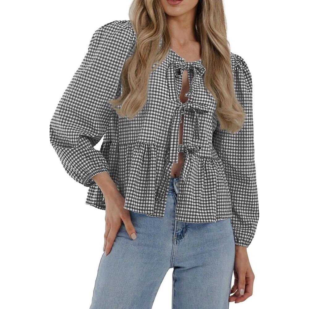 Women's Spring Fall Babydoll Peplum Blouse Shirt Puff Long Sleeve Bow Tie Front